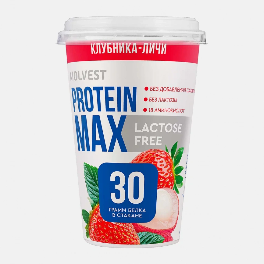 Напиток кисломолочный безлактозный Клубника-личи Молвест Protein Max 0.6% 240г фото 1